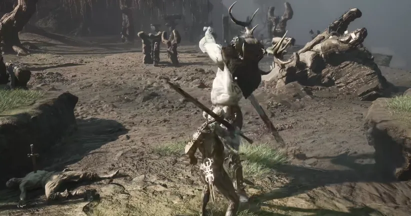 Fighting a horned enemy in an open field in Mortal Shell II